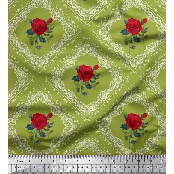 Soimoi Moss Georgette Fabric Check,Leaves & Rose Floral Print Sewing Fabric Yard 42 Inch Wide