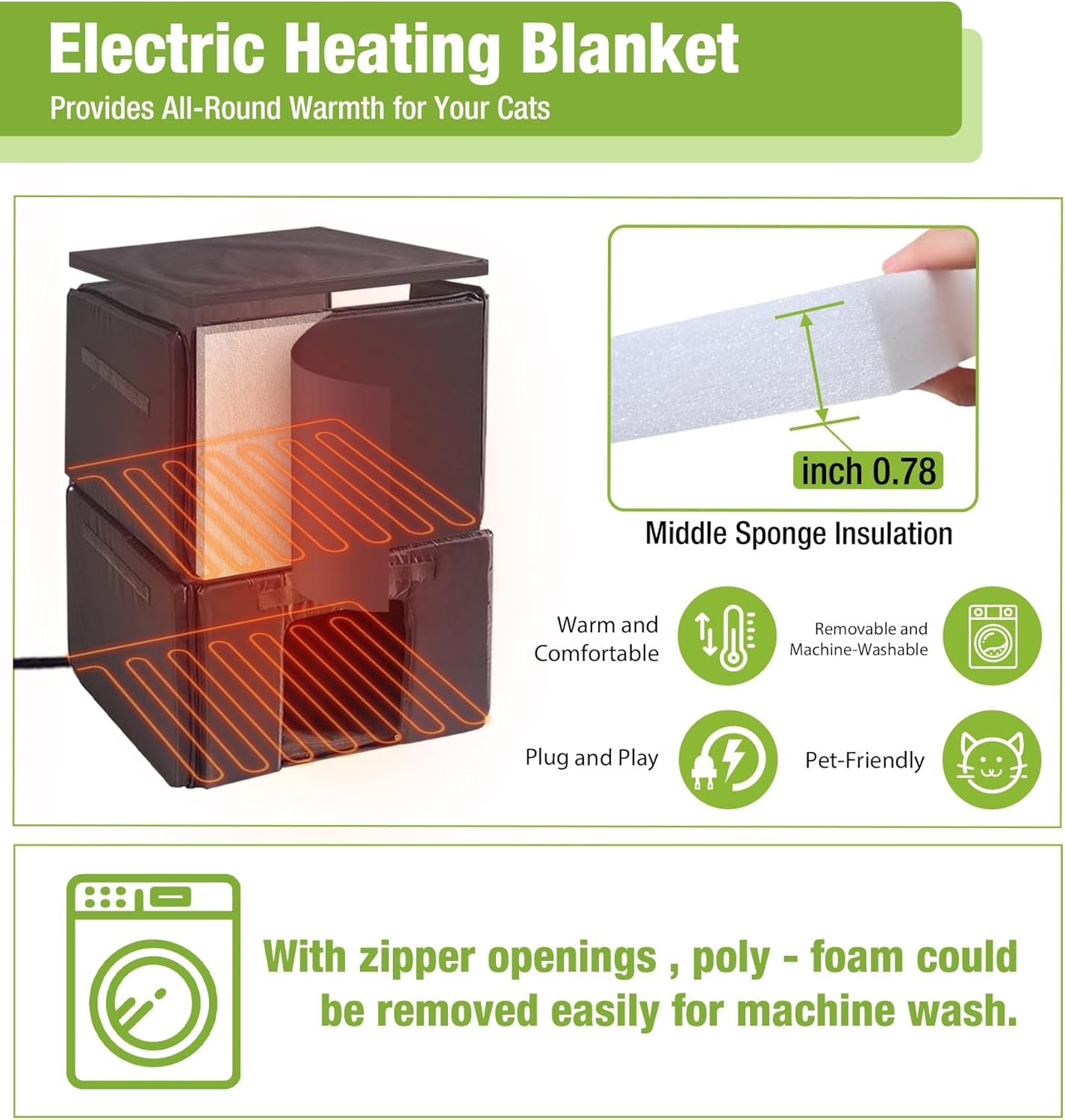 MEDEHOO Heated Cat House for Outside, 2-Story Outdoor Cat House Insulated with Electric Heating Blanket, Waterproof Wooden Cat Shelter with Bite-Resistant Wires