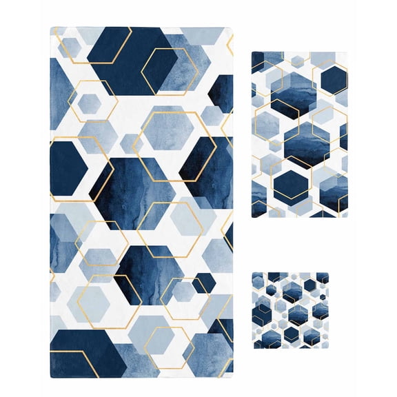 Navy Blue Marble Towel Set of 3, Soft Microfiber Bath Towels, Hand Towel, Washcloths, Gold White Geometric Hexagon Modern Quick-Dry Absorbent Towels for Bathroom Kitchen Hotel Beach Gym Spa