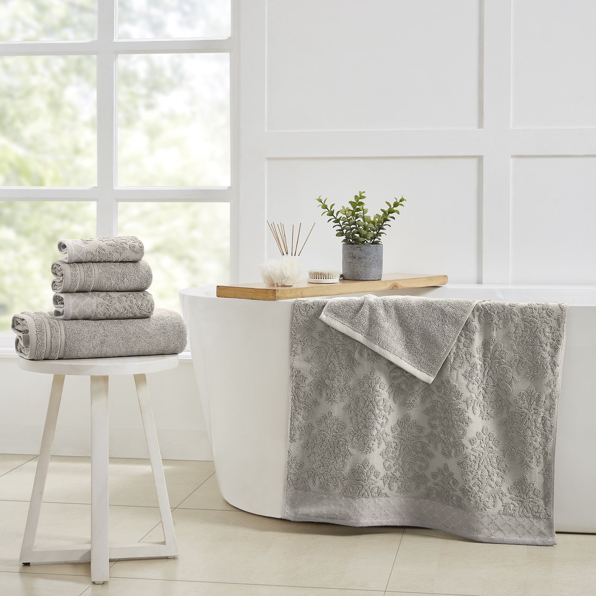 Modern Threads Jacquard Border 6-Piece Cotton Bath Towel Set, Gray