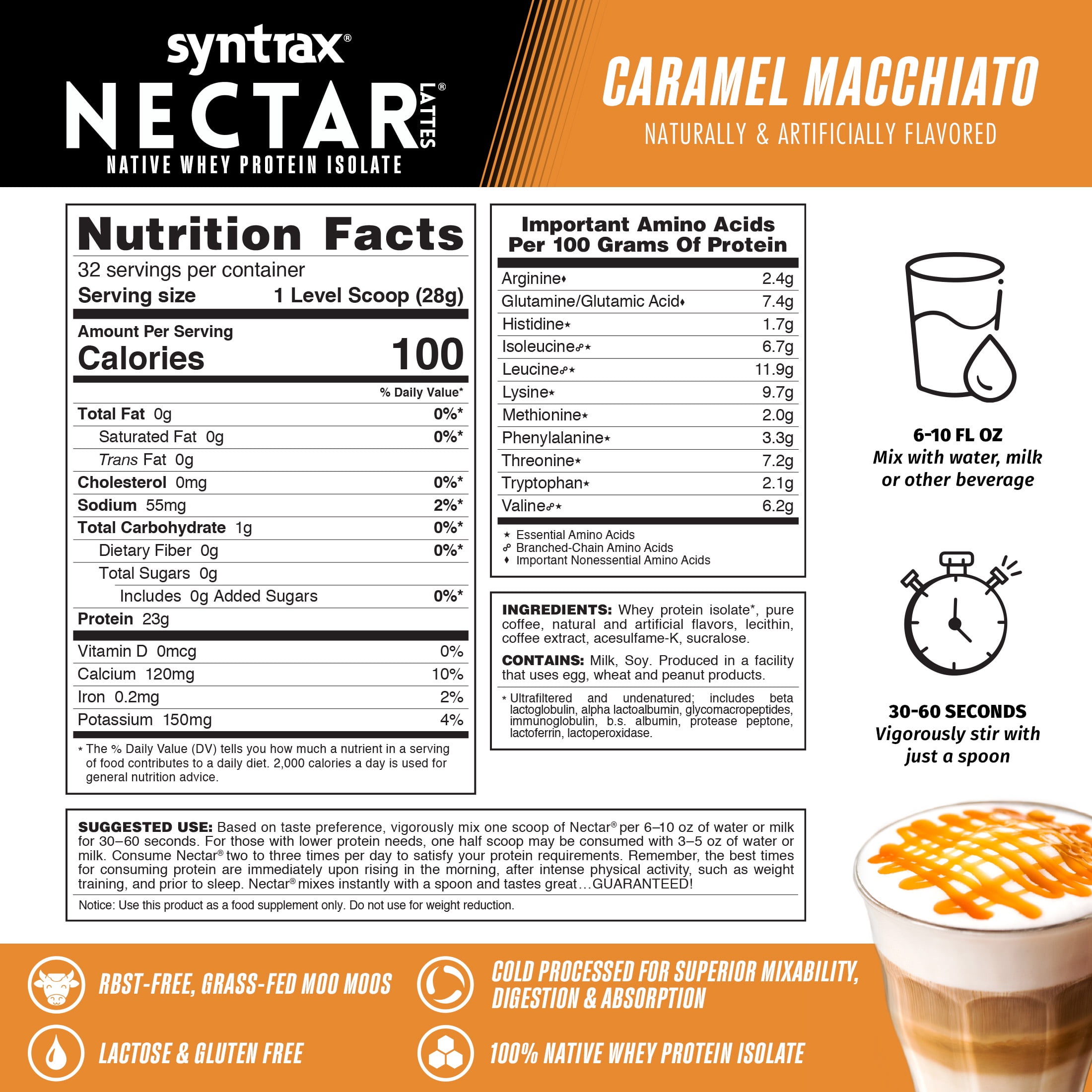 Syntrax Nectar Lattes, Caramel Macchiato, 2 lb. Native Whey Protein Isolate Powder, with 100mg of Caffeine