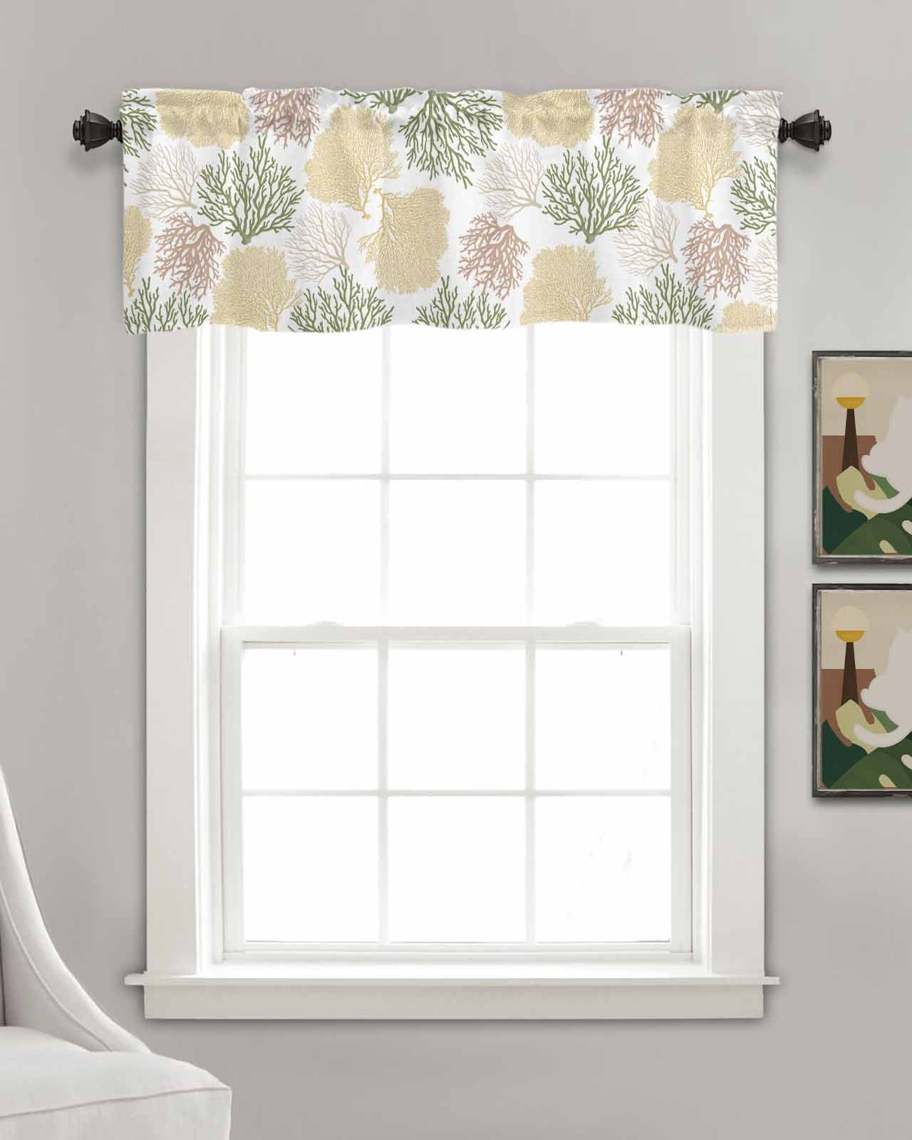 Sage Green Coastal Kitchen Valances for Windows Farmhouse Linen Window Valance Curtain for Living Room Window Treatment Coral Ocean Marine Modern Sea Valance Rod Pocket Topper Drape, 54 x 18 Inch