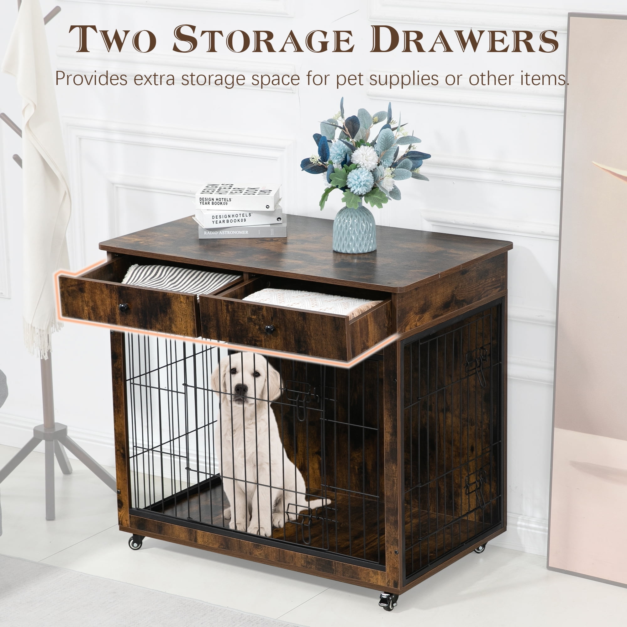 Pefilos 31" Wooden Dog Crate Furniture with 2 Drawers Storage, Indoor Dog Kennel, Heavy Duty Dog Cage for Small, Brown Pefilos 31" Wooden Dog Crate Furniture with 2 Drawers Storage, Indoor Dog Kennel, Heavy Duty Dog Cage for Small, Brown