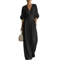 thumbnail image 4 of LEKODE One Piece Jumpsuit Cotton Linen Jumpsuits for Women Summer Wide Leg Jumpsuit Ruched Rompers Deep V Neck Jumpsuit Comfy Rompers for Women Casual Outfits for Women A Black L, 4 of 9