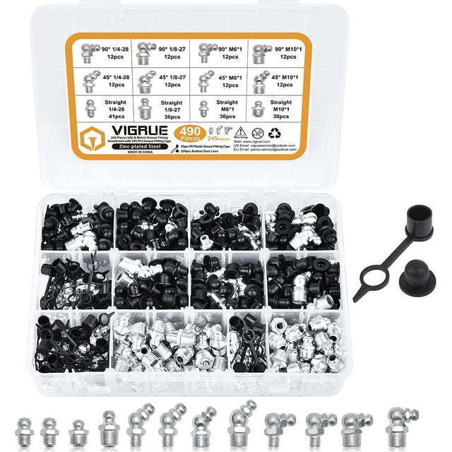 GFDYREE Kit d'Assortiment de Raccords de Graisse 490 Pcs avec 245 Raccords de Graisse SAE & Métriques et 245 Capuchons, Raccords de Graisse Standards, Droits et Angulaires Parfaits pour Remplacer les Raccords Manquants Ou Cassés