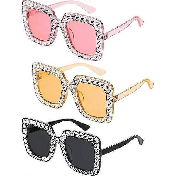 Oversized Square Glitter Sunglasses Retro Thick Frames Sunglasses (Clear Pink, Black, Brown Red, 3 Pieces)