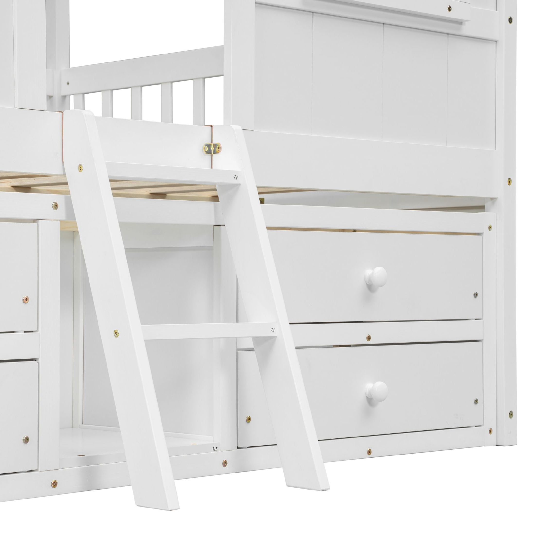 Noble House Full Size House Loft Bed, Pine Wood Frame with Roof, Windows, Ladder, and Storage Drawers, White