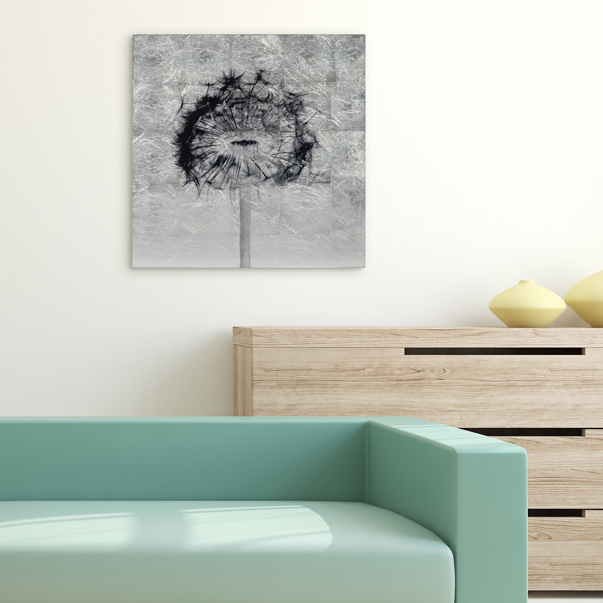 Direct Dandelion Reverse Printed Tempered Glass with Silver Leaf 24.00" x 24.00" Painting Art Prints, by Empire Art