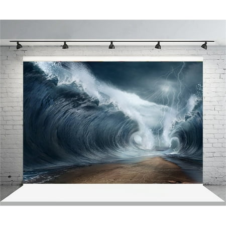 HelloDecor Polyster 7x5ft Roaring Waves Backdrop The Seas Are Being Parted Photography Background Lightning Flashes Adult Artistic Portrait Natural Scenery Photo Shoot Studio Props Video Drop (Best Flash For Portrait Photography)