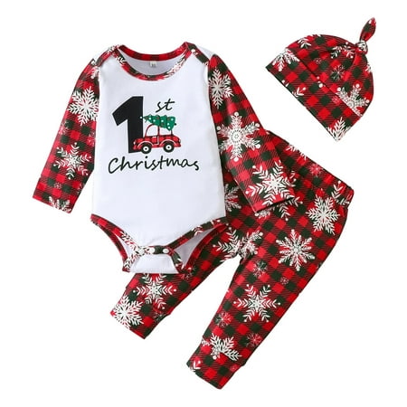 

Toddler Girls Outfit Boys Long Sleeve Christmas Plaid Cartoon Snowflake Printed Romper Bodysuit Pants Hat Outfits