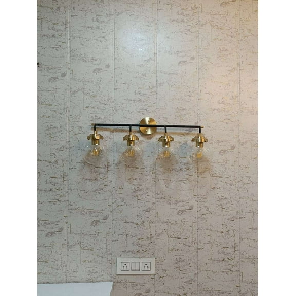 4 Globe Light Brass Antique and Matte Black Clear Glass Globe Shade Wall Sconce - Brass Double Wall Light Vanity Light
