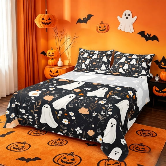 Homewish Halloween Floral Ghost Bed Sheets,Wild Autumn Flower Pattern Full Size Sheets,Black Cream Orange,4-Piece,1 Flat Sheet,1 Fitted Sheet and 2 Pillowcases