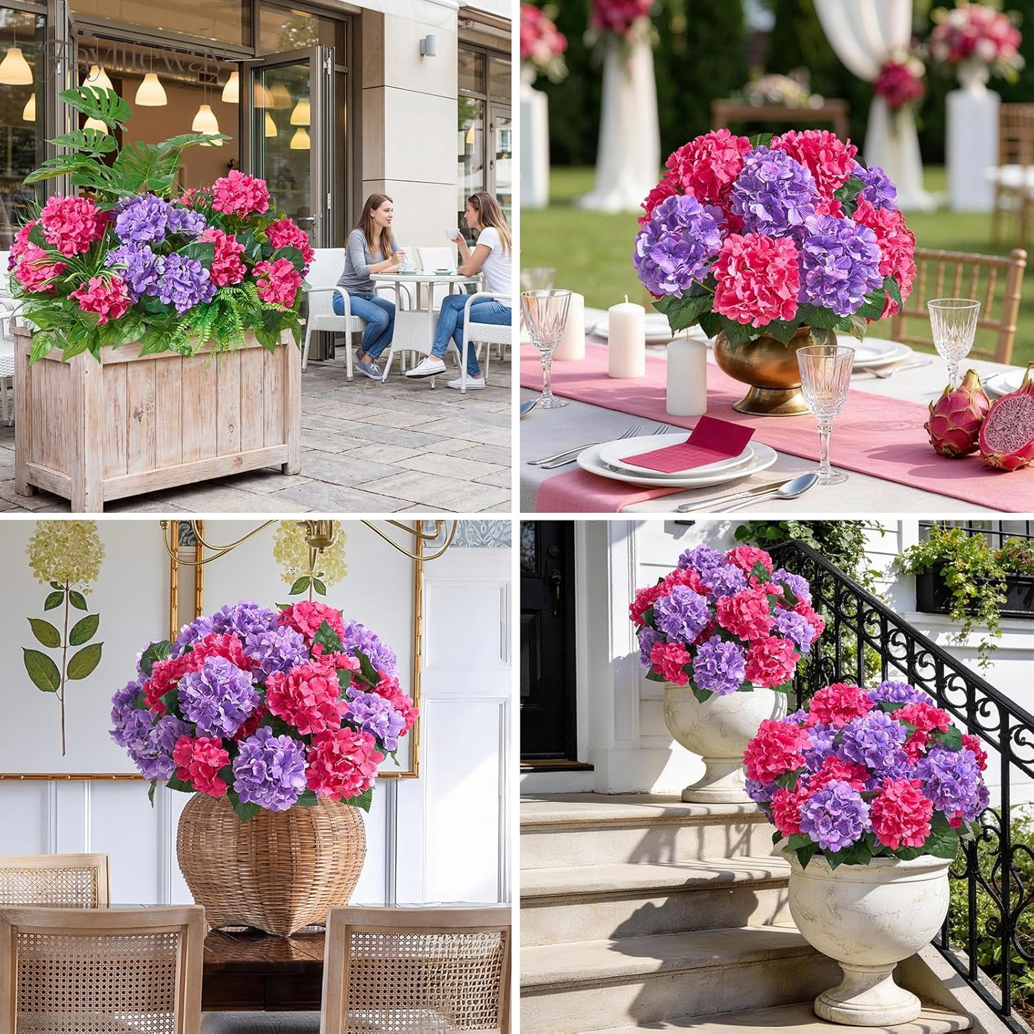 24 Heads Artificial Hydrangea Flowers for Outdoor Decor,  Faux Silk Planters Porch Garden Window Box  Decoration