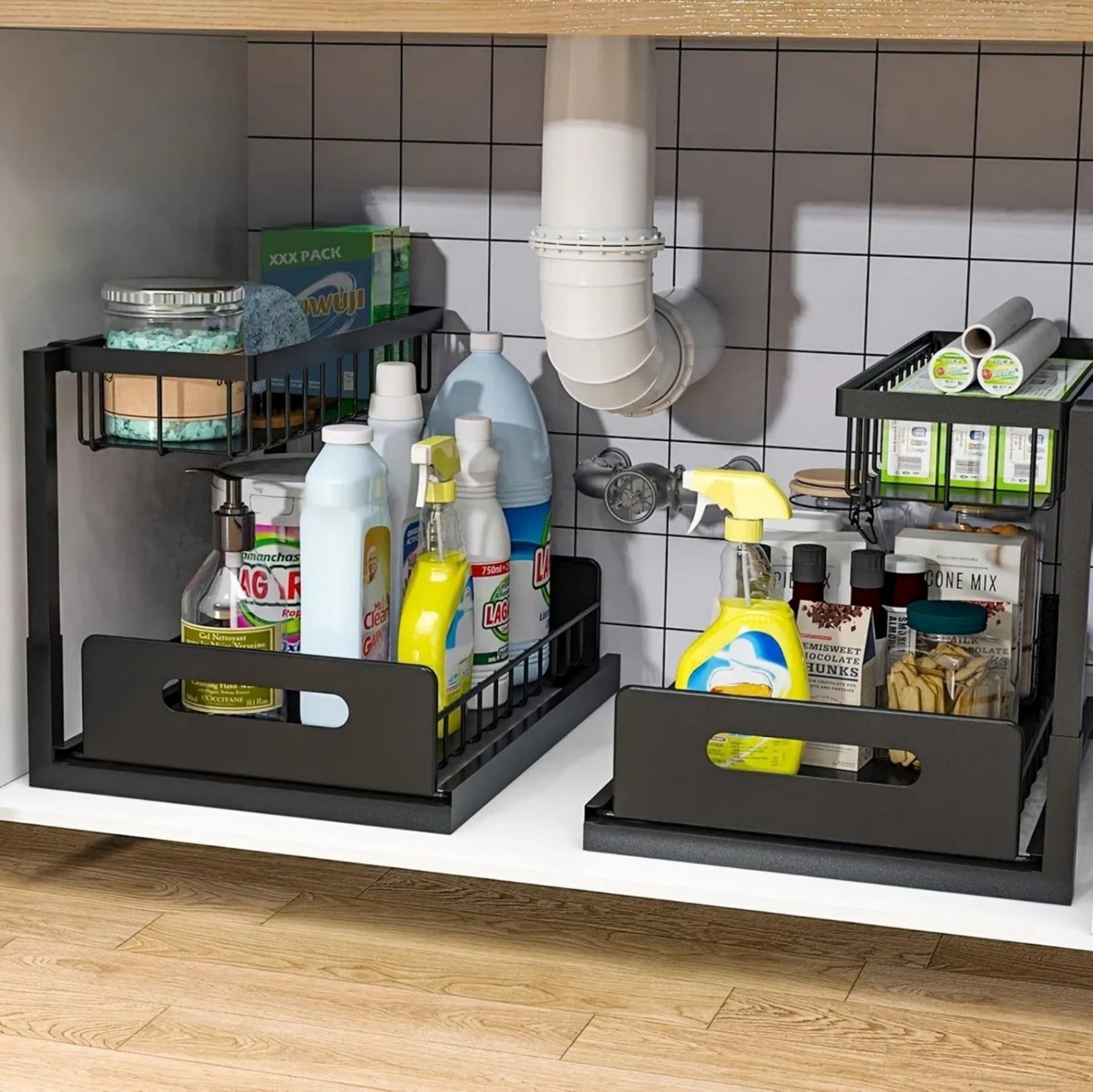 Under Sink Organizer 2 Tier Pull Out Storage Rack, Stainless Steel Rustproof Bathroom Kitchen Cabinet Organizer No Drilling Space Saving Shelf, White, 2 pcs