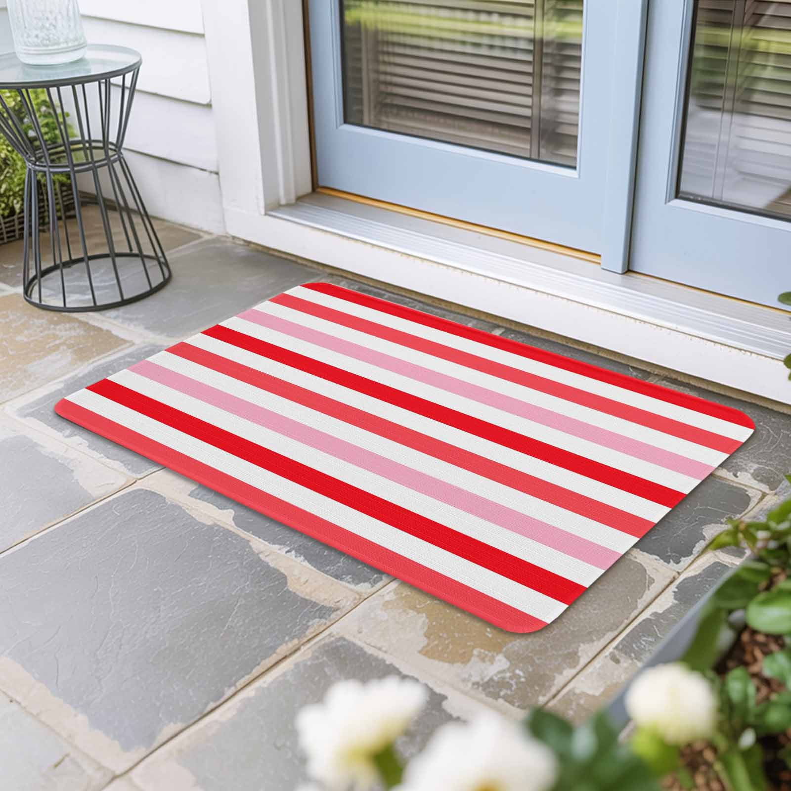 Red Pink Striped Doormat Outdoor Entrance 18"x30", Farmhouse Stripes Simple Art Absorb Moisture Dirt Door Mats, Non-Slip Rubber Backing Floor Mats Indoor, Low-Profile Front Door Rugs