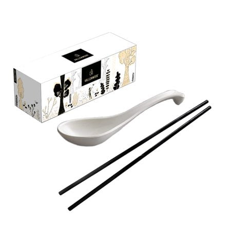 6 White Spoons 6 Black Chopsticks By Vallenwood. 12 Pieces Asian Soup Spoons. Not Overpriced. Unbreakable Melamine. Perfect For Japanese And Chinese Food: Ramen Wonton Sushi Miso Rice Pho Soup.