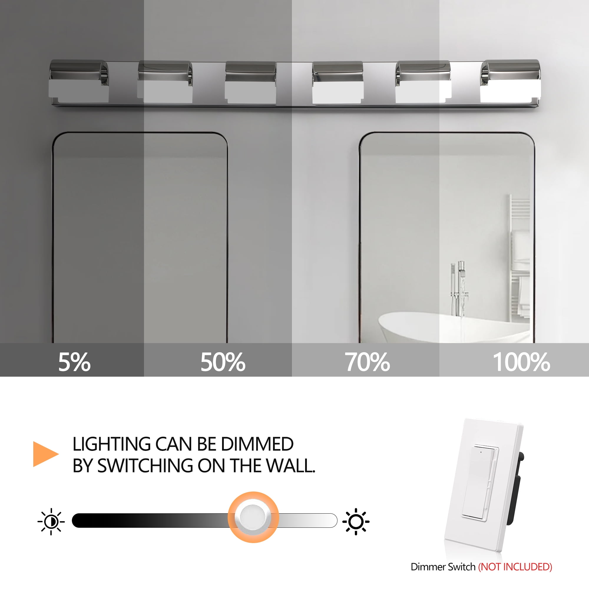 YANSUN 46.5 in Chrome Modern 6-Light LED Bathroom Vanity Light, 30W, Dimmable & 360° Rotatable, for Mirror, Shower, Dressing Room