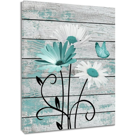 Farmhouse Floral Wall Art for Living Room, Teal and White Daisy Flower and Butterfly on Rustic Wood Board Canvas Wall Art Framed Artwork Ready to Hang for Bathroom Bedroom Decor,10L X 8W Inches