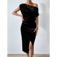 thumbnail image 6 of Women'S Off the Shoulder Asymmetrical Velvet Midi Dress Short Sleeve Ruched Elegant Party Dresses, 6 of 8