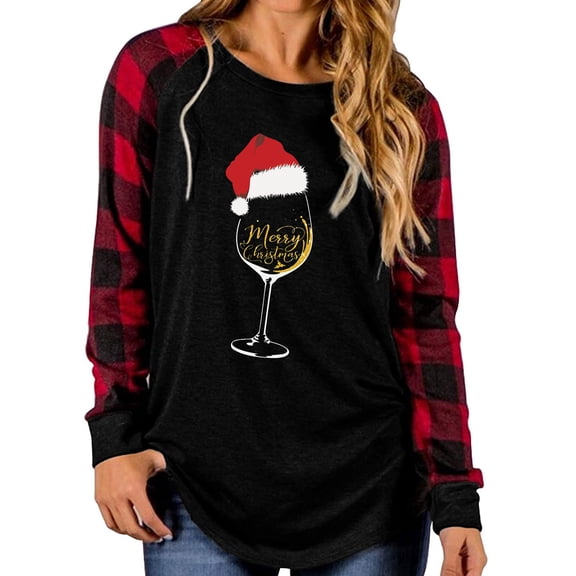 Tbopshirt Womens Hoodless Sweatshirts,Plus Size Essential Crewneck Sweatshirts Long Sleeve Plaid Christmas Print Splicing Round Neck Pullover T-Shirt Tops