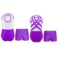 thumbnail image 5 of TSSOE Kids Girls Gymnastics Ballet Dance Leotard Rhinestones Sleeveless Unitard Bodysuit with Shorts Purple 14, 5 of 7