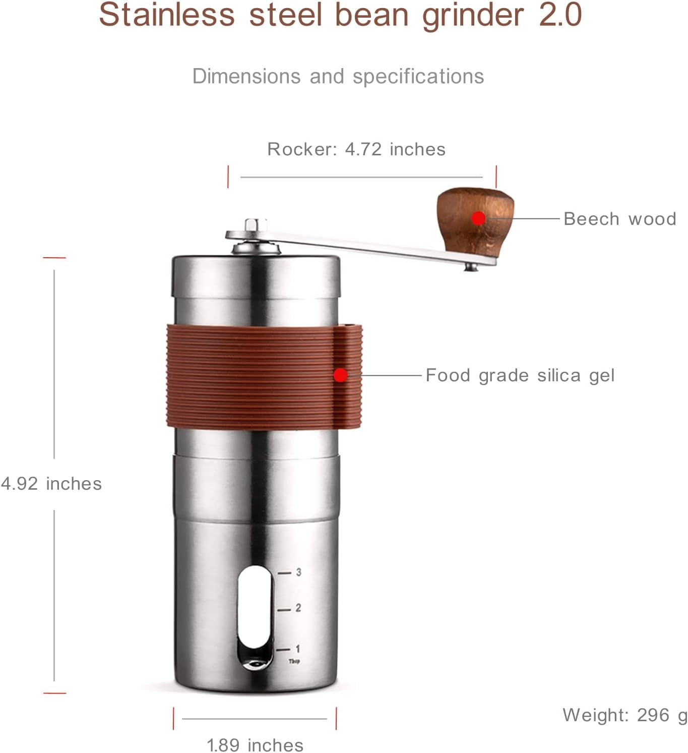 Manual Coffee Grinder Hand Coffee Grinder Bean Grinder with Adjustable Settings Suitable Use for Home Office and Travel Stainless Steel Brown