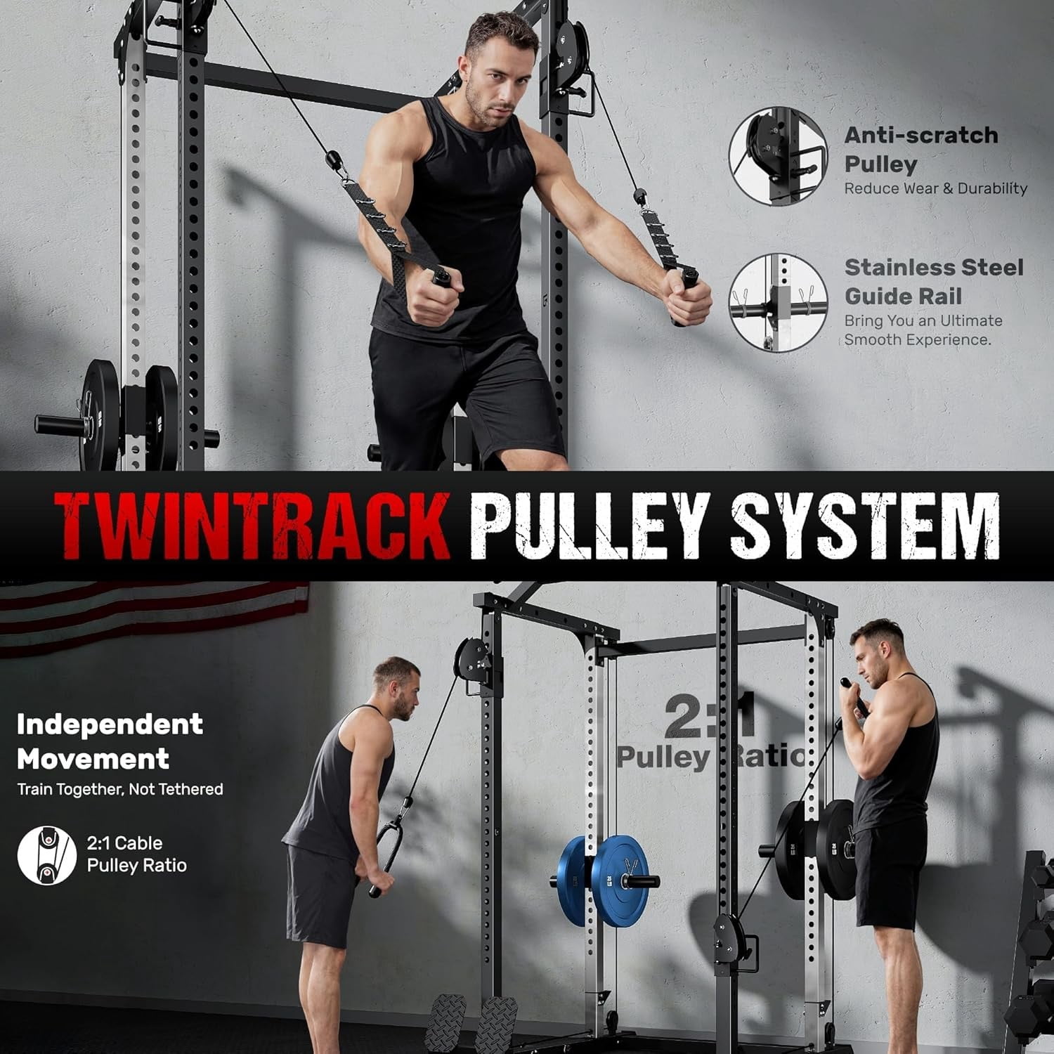 Power Cage, 2000LBS Squat Rack with with Cable Crossover and Dual Independent Pulley System, Full Cage for Full Body Training, Power Rack with More Training Attachments for Home Gym