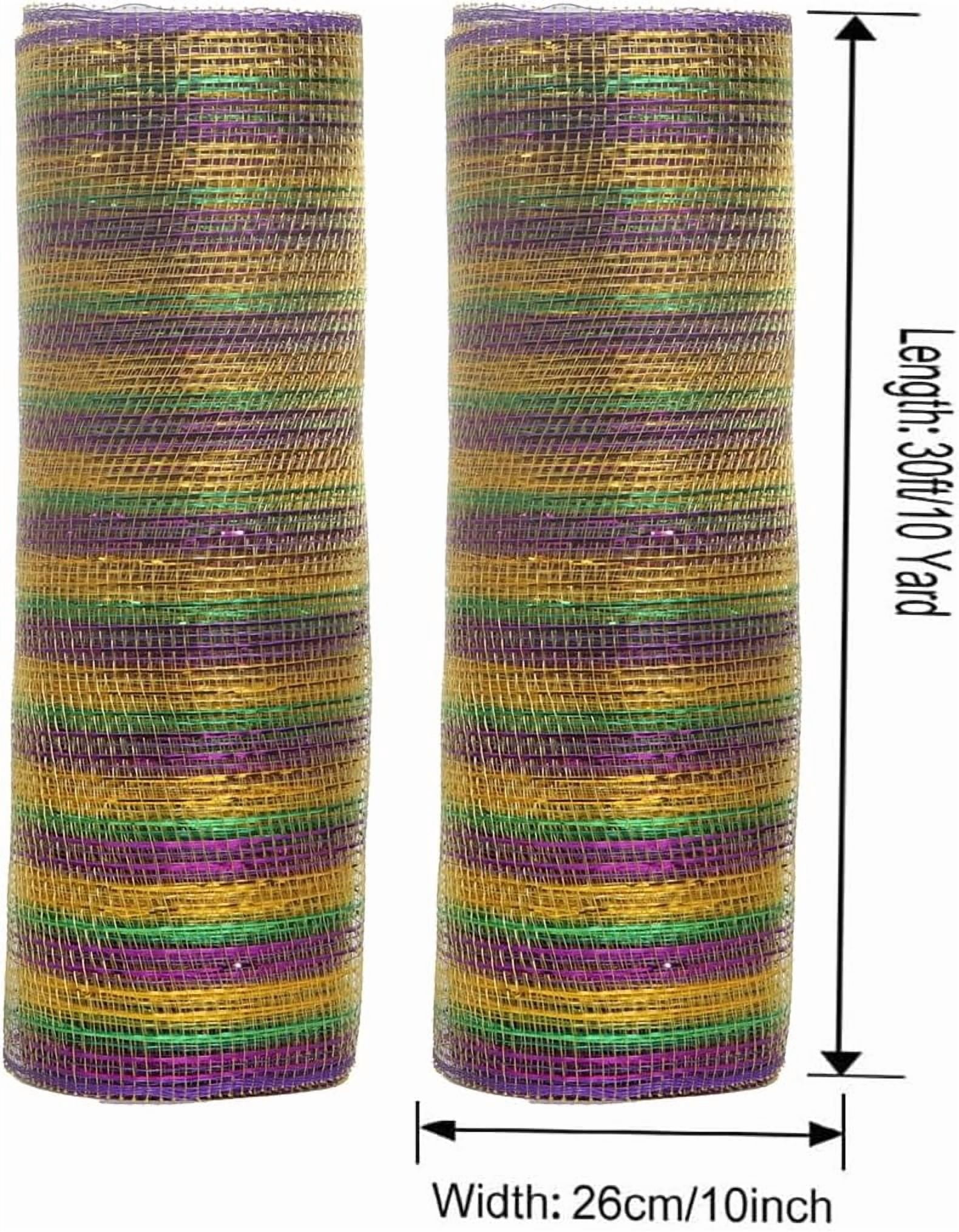 2 Rolls Mardi Gras Deco Mesh Ribbon, Gold Green Purple Metallic Stripe Mesh for Carnival Masquerade Halloween Wreath Swags Decorations(DSF)