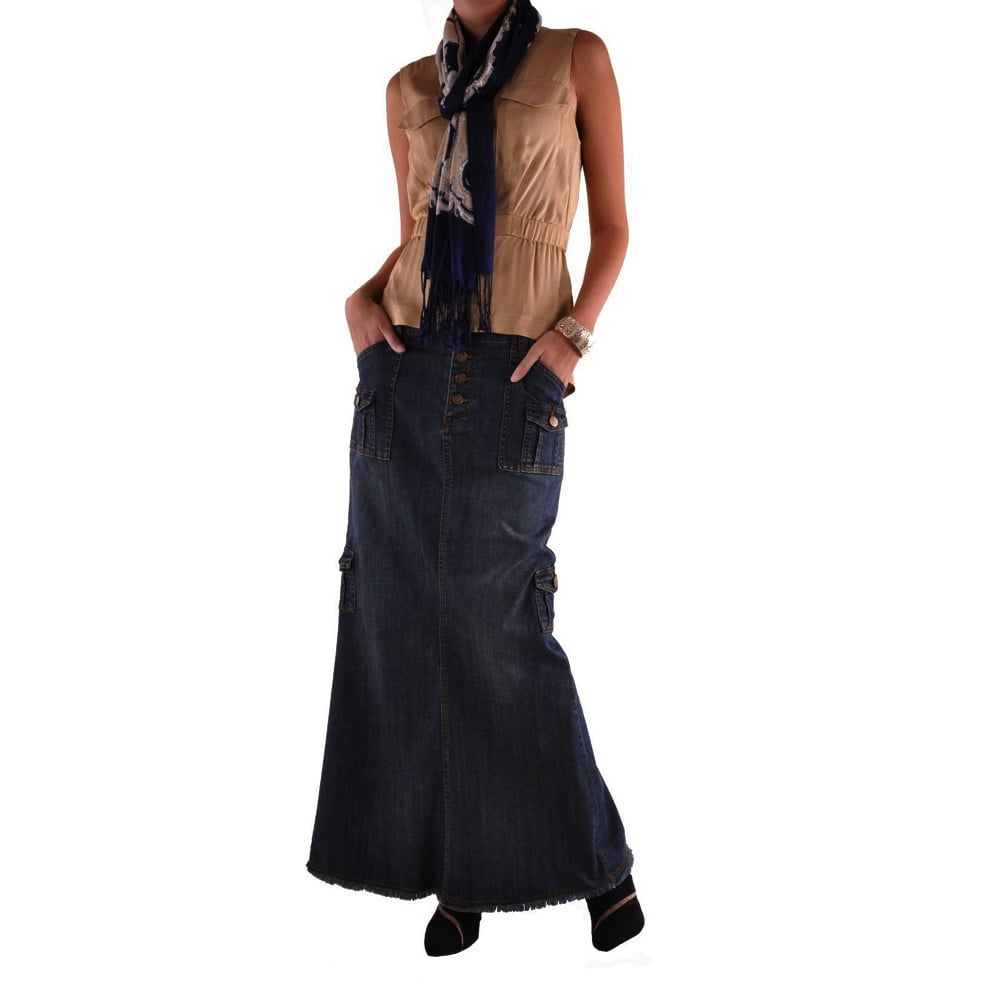 Mchoice Women's Casual Stretch Waist Washed Denim Ruffle Fishtail Skirts  Long Jean Skirt, Comfy Long Denim Maxi Skirt Size - Walmart.com