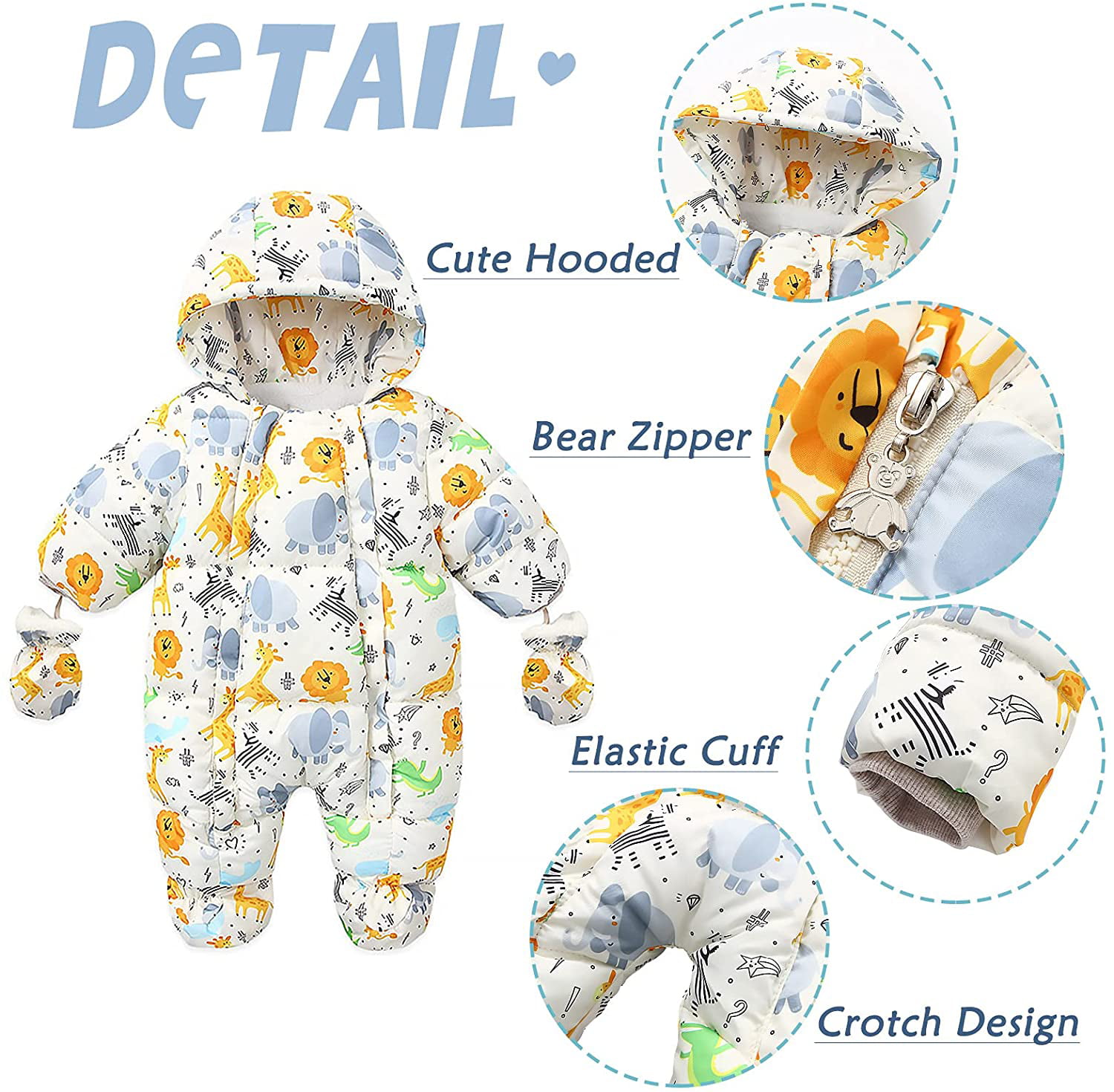 GEMVIE Infant Winter Hooded Romper Snowsuit Zipper Front Warm Down Jacket Footed Jumpsuit Outfits with Gloves 