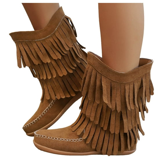 Vintage Tassel Mid Calf Boots for Women Suede Flat Ankle Booties Western Wide Toe Box Fall Boots