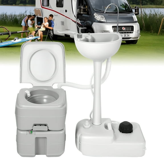 Portable RV Toilet and Sink Combo, 5 Gallon Hand Washing Station & 5.3 gallon Flushing Toilet, Detachable Wastewater Recycled Perfect for Outdoor Camping RV Travel Boat