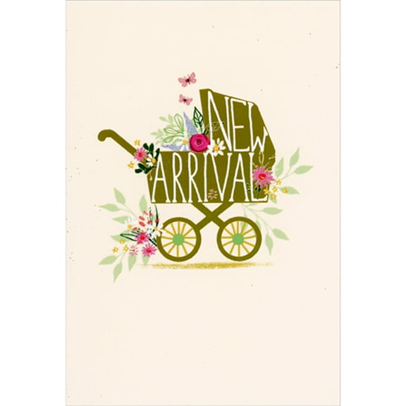 Pictura New Arrival Gold Foil Baby Carriage, Flowers and Butterflies New Baby Congratulations Card for Boy or Girl