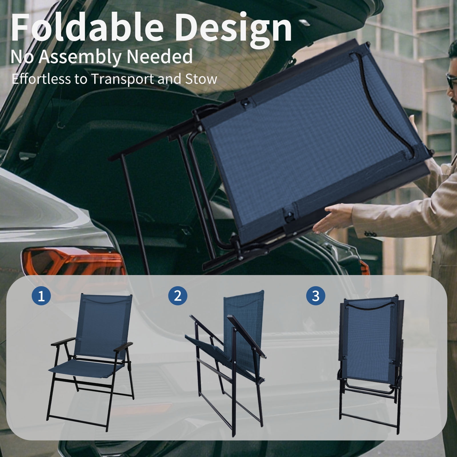 SHGJ&SOFT Set of 2 Folding Chairs，Outdoor Patio Chair with Armrests for Porch Camping Pool Beach Deck Lawn Garden (Blue, 2 PC)