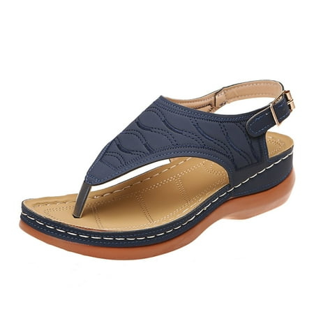 CHOII Clearance Fashion Color Matching Wear-Resistant Open Toe Women Sandals Flip Flops for Women Summer Casual Wedge Sandals Shoes Ankle Strap Sandals Dark Blue/6.5