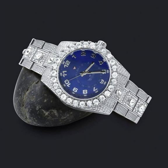 Blue Sapphire Dial Solitaire Men's 14K White Gold Tone Simulated Diamond Water Resistance Steel Back Watch 45MM