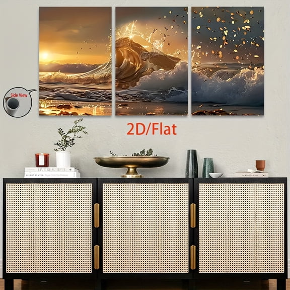 2D Flat 3pcs Frameless Golden Wave Seascape Canvas Art Print - Prosperity Symbol Wall Decor for Home, Office, Kitchen, Living Room - Ideal for Halloween, Christmas, Birthday Gifts, Party Decorations