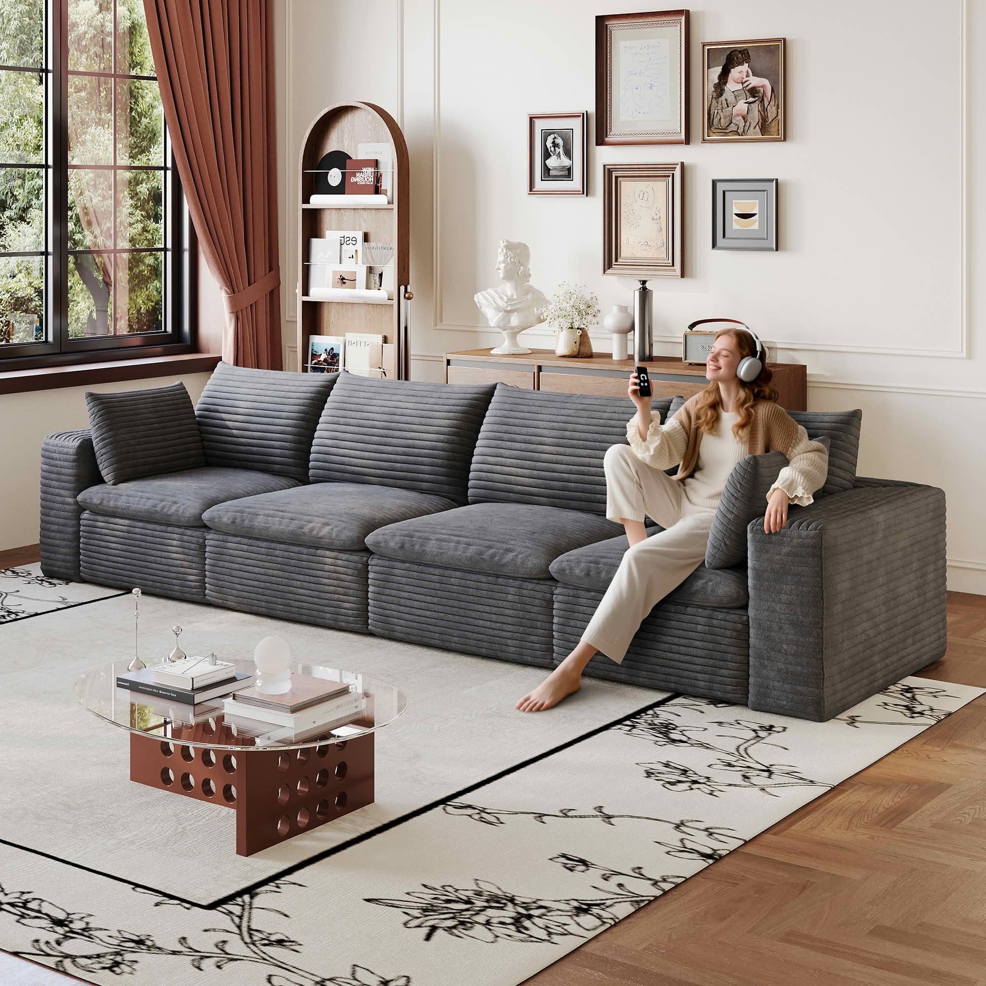 MAYEERTY 134 Inch Corduroy Cloud Floor Sofa, Modular Couch with Detachable Double-Layer Cushion, No Assembly Furniture for Home & Office