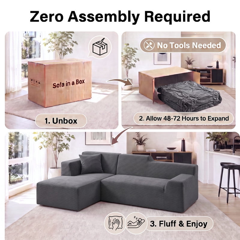 Gewnee 97" L-Shaped Sectional Sofa, Modern Corduroy Modular Sofa Couch with Deep Seat, High Back Cloud Couch, Convertible Ottoman Sectional Couch for Living Room, Black
