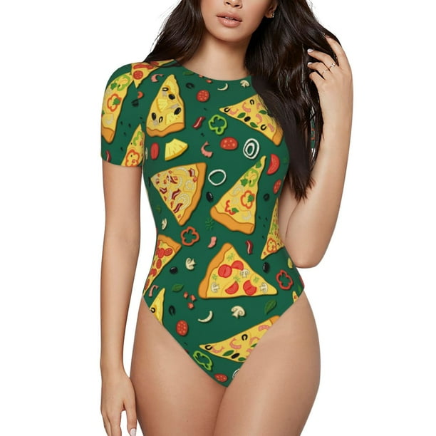 Balery Pizza Body de cuello redondo de manga corta para mujer Tops de manga corta Tops básicos-Large