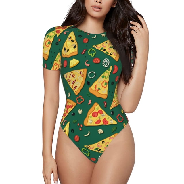 Saiise Motif Pizza Combinaison à Manches Courtes pour Femmes Col Rond Pyjama Justaucorps Extensible avec Fermeture à Pression-TTTG
