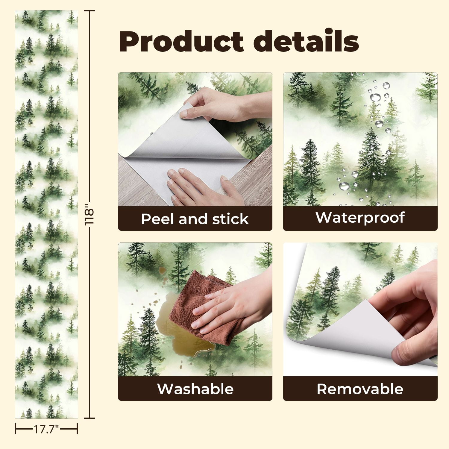 Peel and Stick Wallpaper 17.7in x 9.8ft Pine Forest Fog Watercolor Seamless Green White Hues Contact Paper Vinyl Self-Adhesive Removable Wall Paper for Bedroom DIY Home Decor Renter Friendly