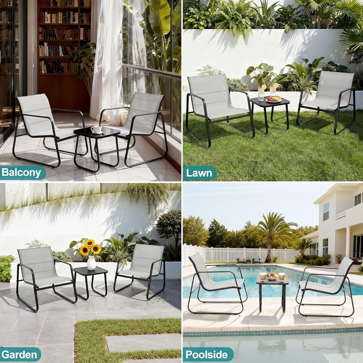 Atilioo 3 Piece Patio Furniture Set, Textilene Outdoor Furniture Set with Chairs & Table, Conversation Set for Lawn, Garden, Balcony, Yard, Poolside, Gray