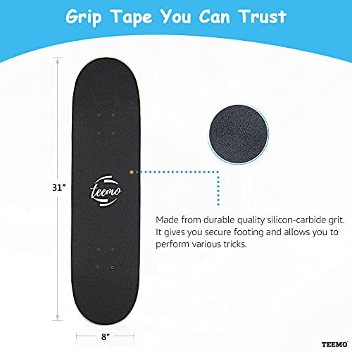 7-Ply Canadian Maple Deck TEEMO Skateboard for Beginners 31 x 8 Complete Skateboard Double Kick Concave Standard Skateboard for Kids Teens & Adults