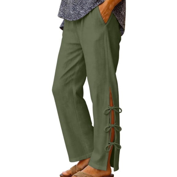 hoksml Women's Wide Leg Pants, Elastic Waist Casual Trousers with Side Slit and Bow Details, Loose Fit Pants for Summer Daily and Vacation Wear