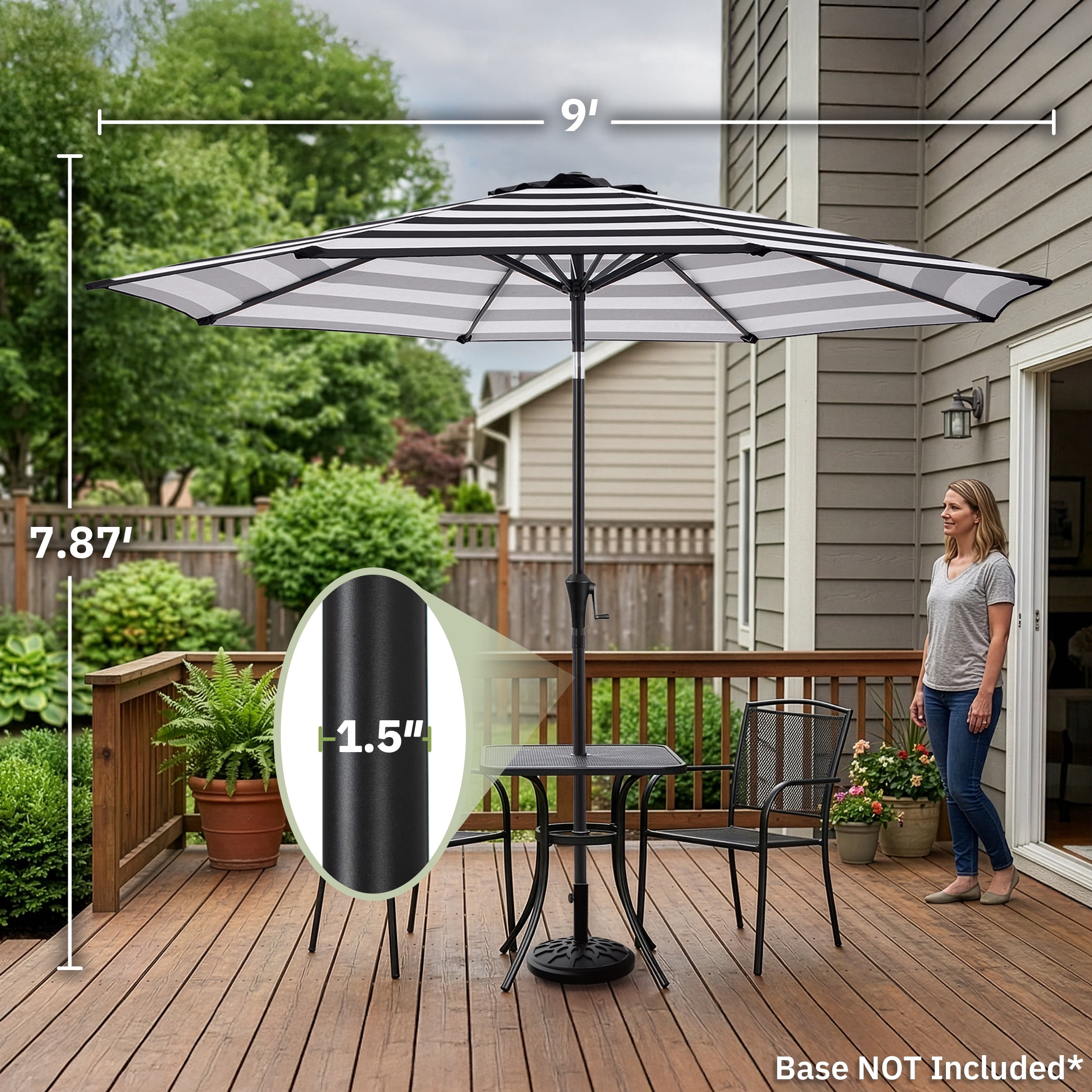 Pure Garden 9 Ft Striped Outdoor Patio Umbrella with Tilt, Black and White