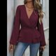 thumbnail image 4 of Camisa Elegante de Larga con Cuello en V, Doble Botonadura y Volantes en Color Liso para Mujer Vino Tinto M, 4 of 10