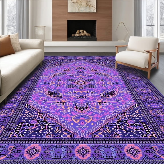 ODIKA 4'x6' Machine Washable Non-Slip Area Rug, Boho Purple Pile High Traffic Rug, Purple, 2537