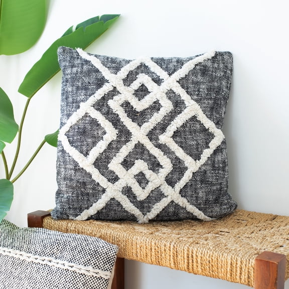 Laddha Home Designs Handwoven Diamond Cotton Throw Pillow Cover - 20" - Black and Cream