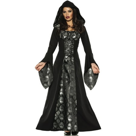 Skull Mistress Womens Black Gothic Witch Hooded Robe Halloween Costume